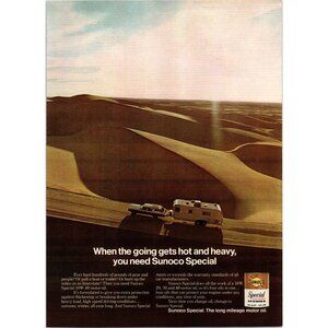 1973 Sunoco Special Motor Oil Vintage Print Ad RV Camper Trailer Desert Wall Art